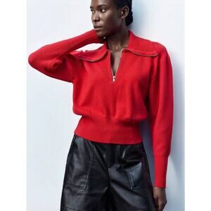 Zara Women's Red Knit 1/4 Zip Collared Long Sleeve Pullover Sweater Top Size L
